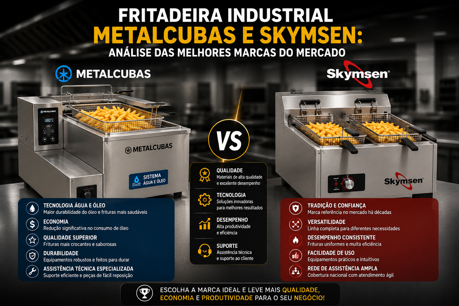 Comparação entre fritadeiras industriais Metalcubas e Skymsen, destacando qualidade, desempenho, durabilidade e custo-benefício para restaurantes e lanchonetes.